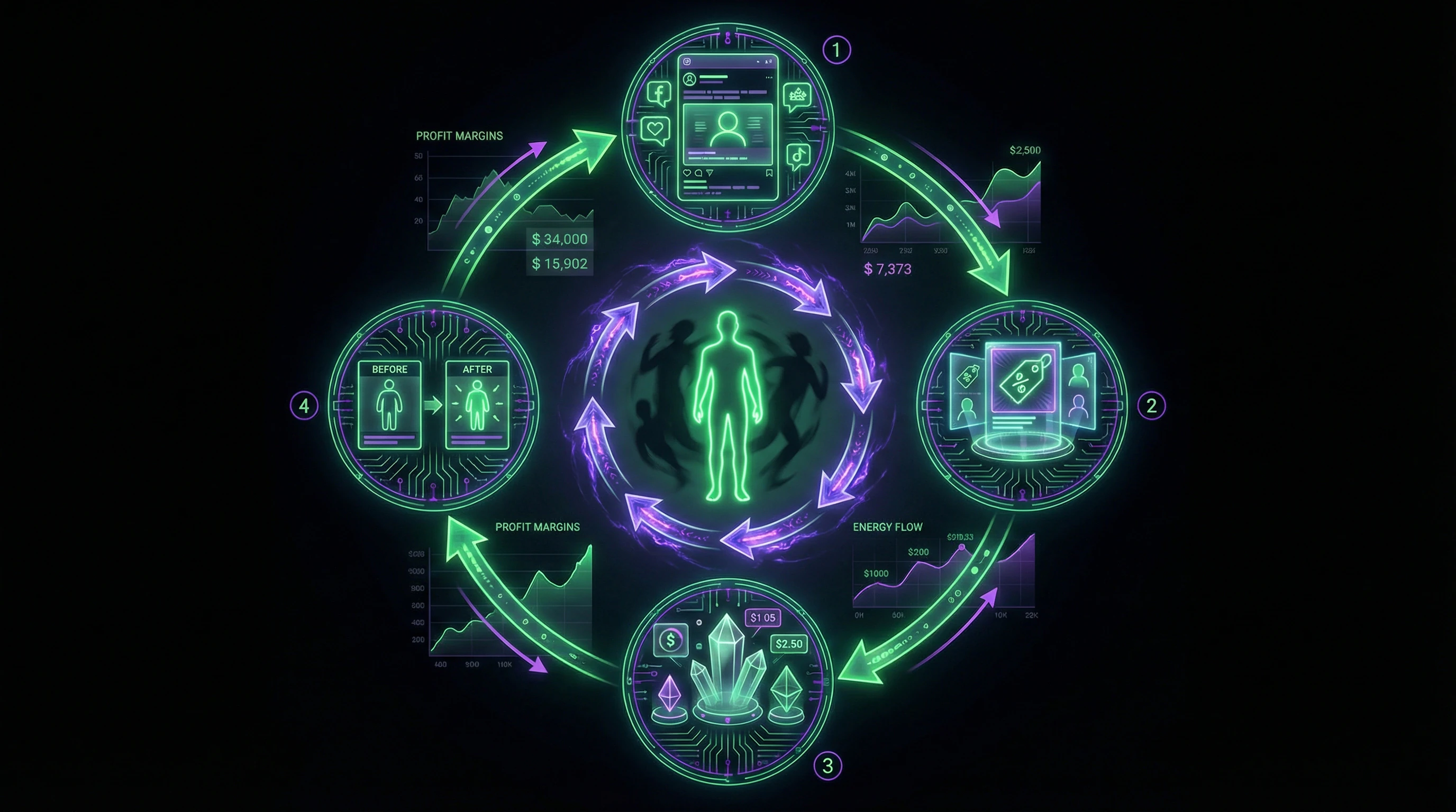 Cycle of commercialization of the energy vampire concept from fear creation to selling protection