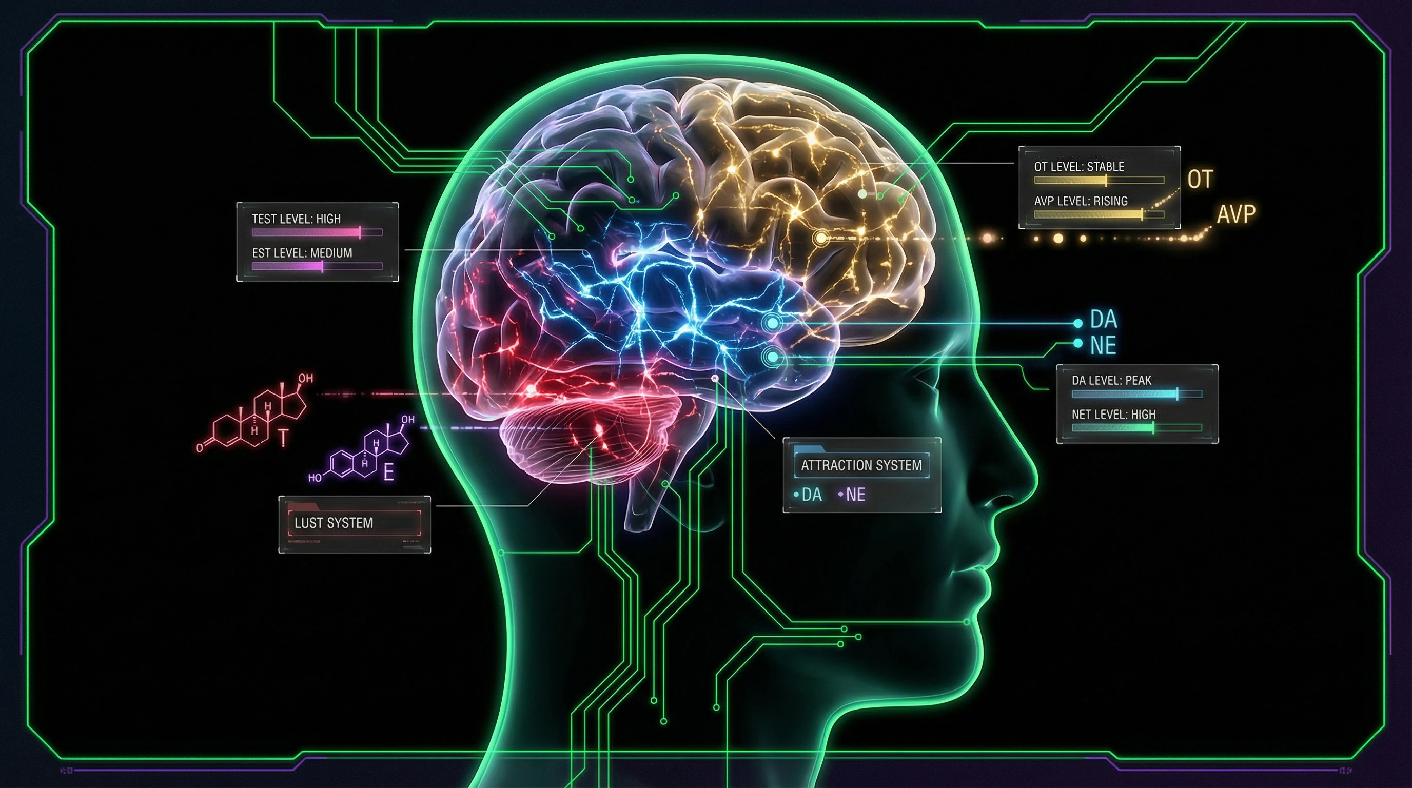 Schematic representation of three independent neurobiological systems in the human brain with different neurotransmitters