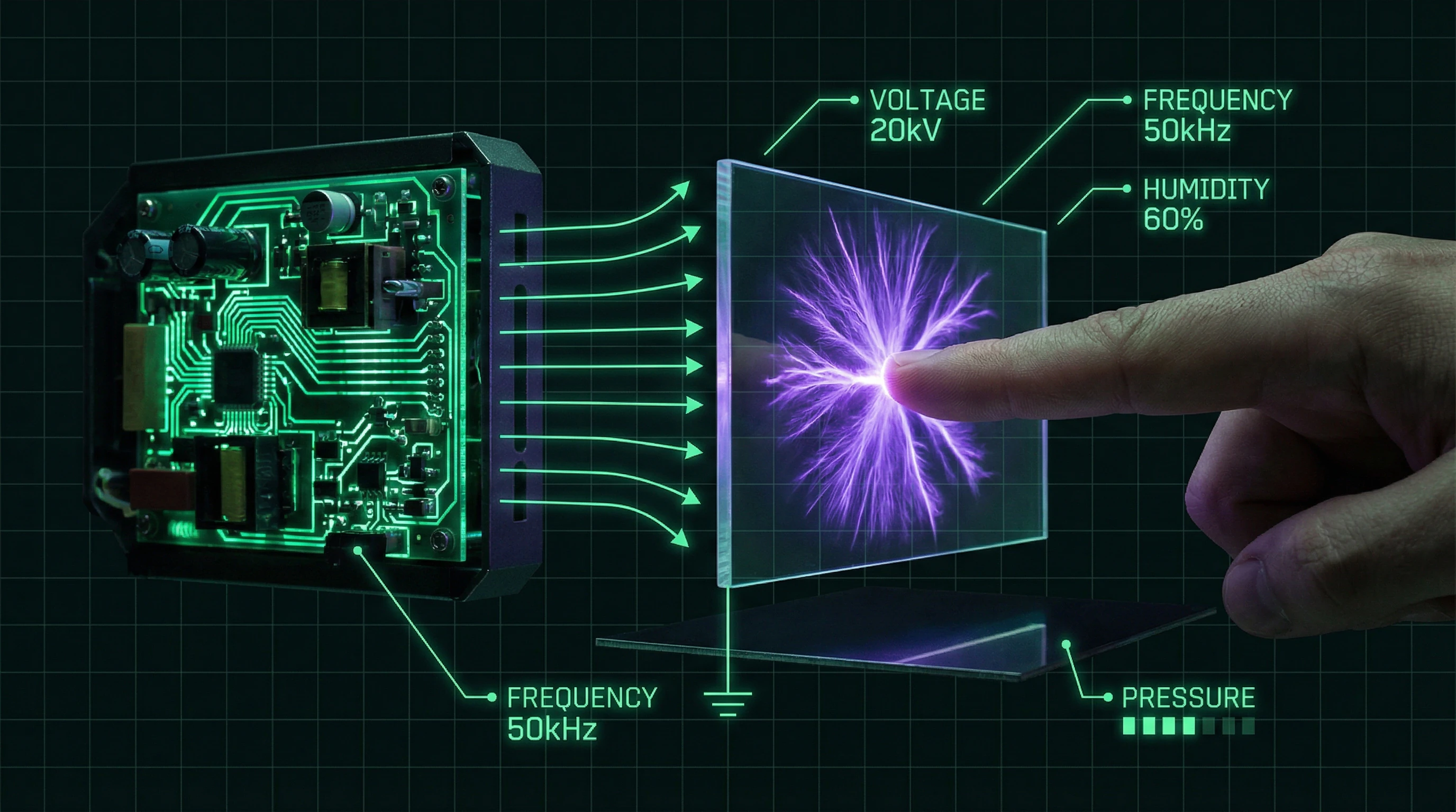 Diagram of Kirlian photography setup showing electrical parameters and factors affecting corona discharge