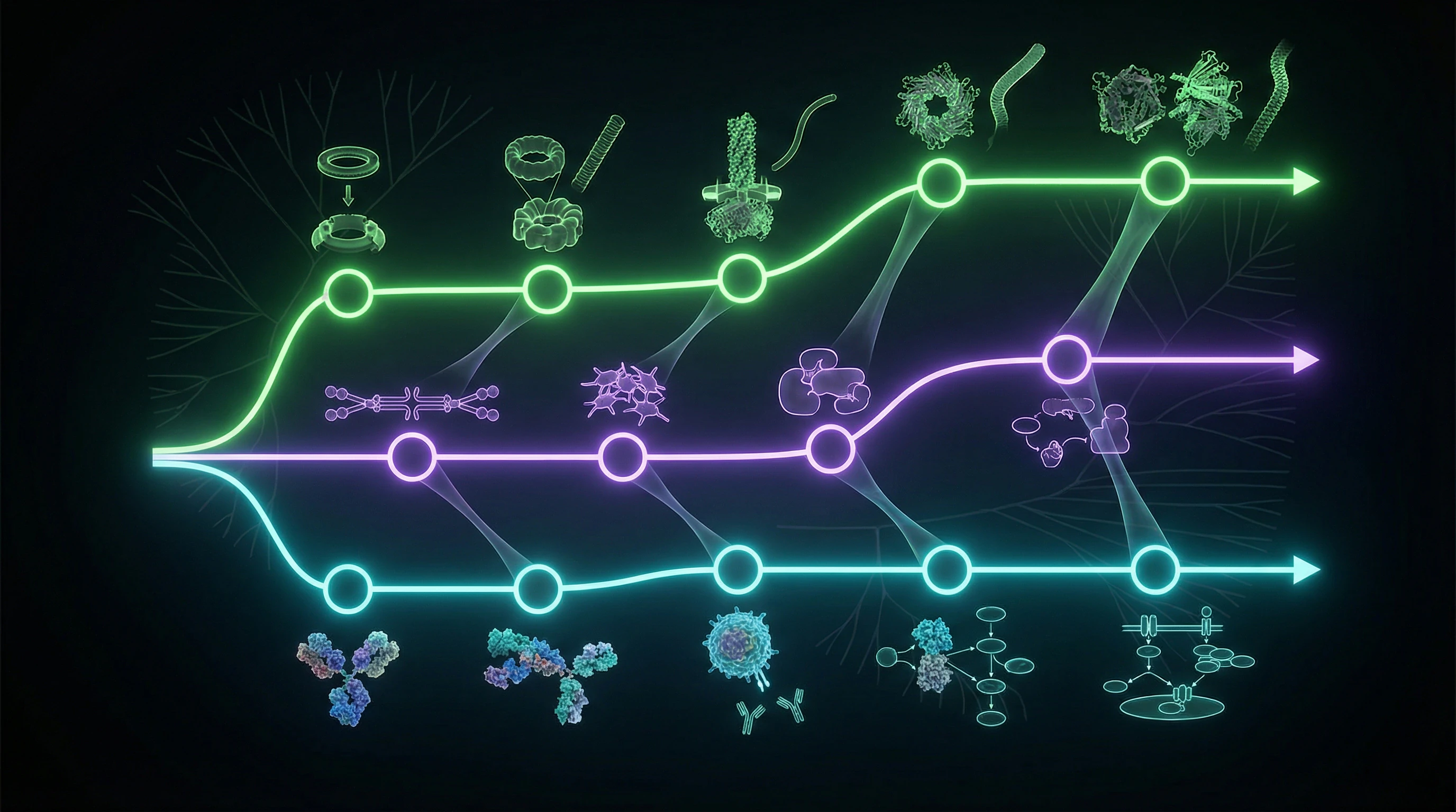 Comparative diagram of evolutionary pathways for three canonical irreducibly complex systems