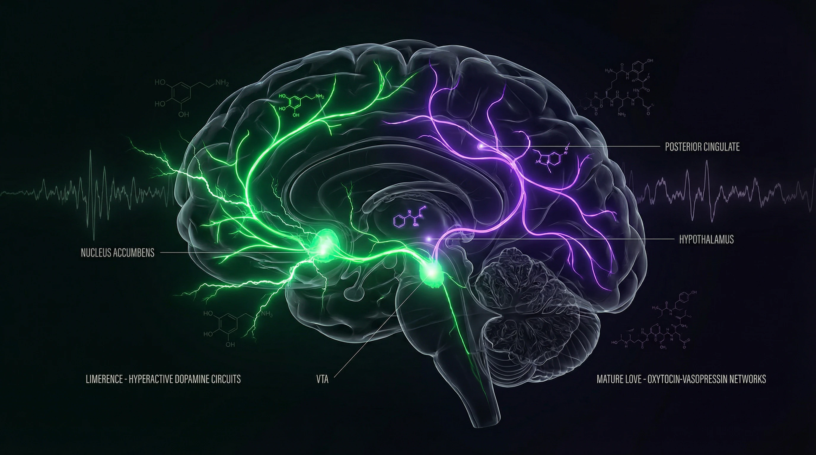 Comparative visualization of neural pathways in limerence and long-term love