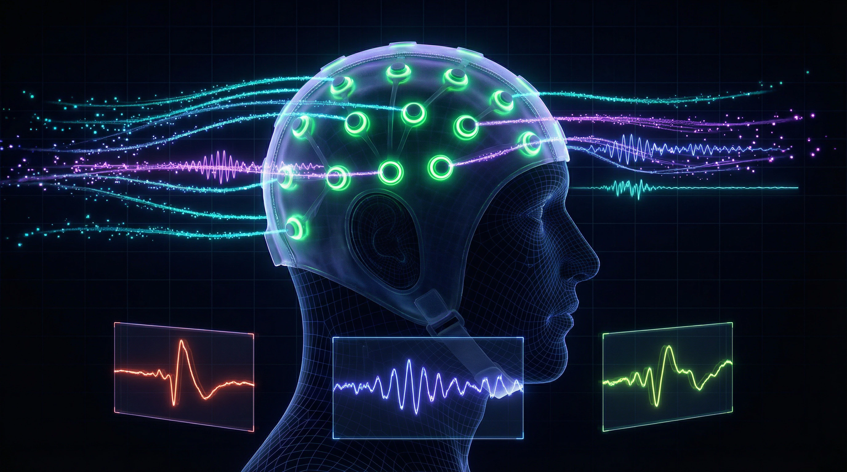 Non-invasive EEG cap with electrodes on user's head, with streams of digital data showing brainwave patterns flowing from it