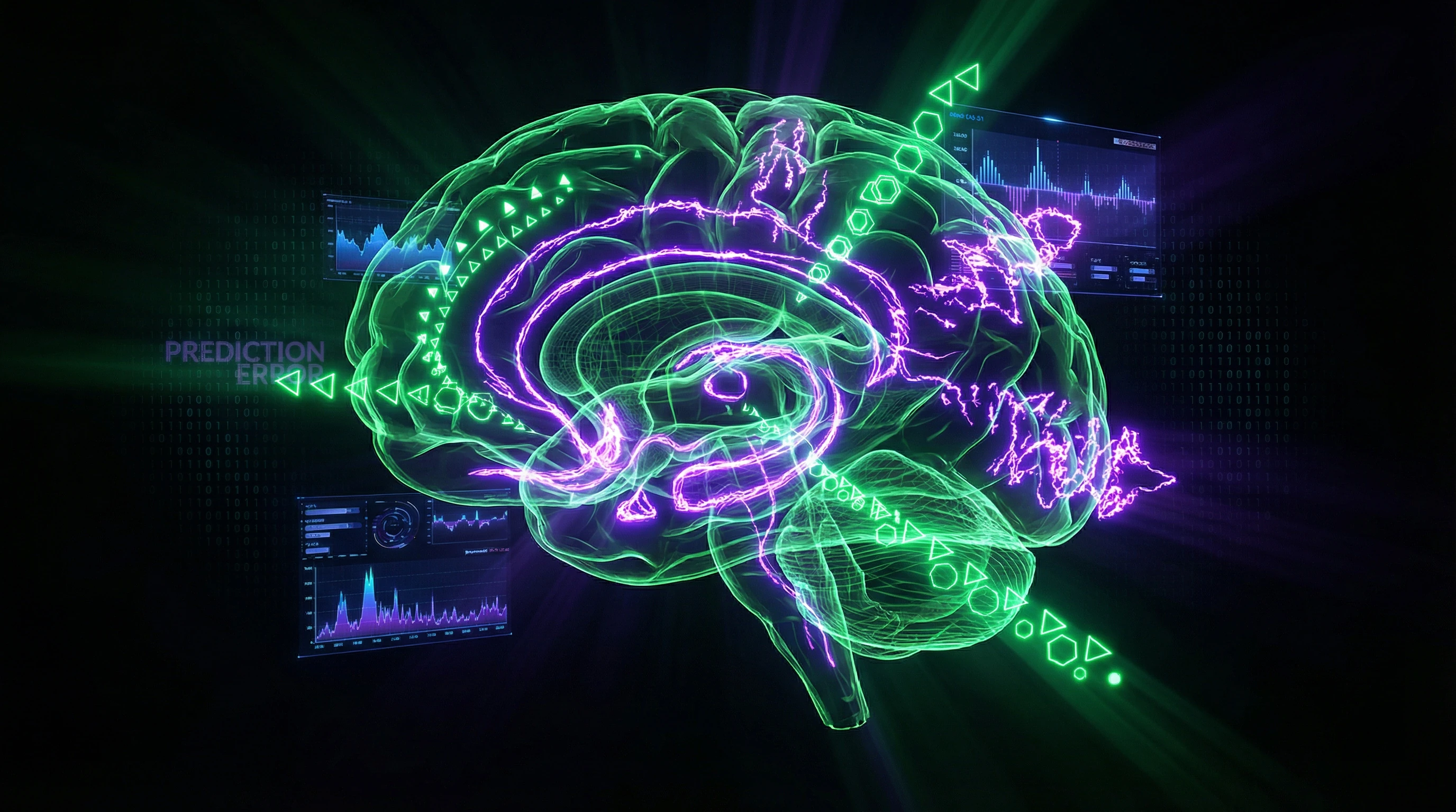 Diagram of brain neural network with active dopamine pathways during pattern detection