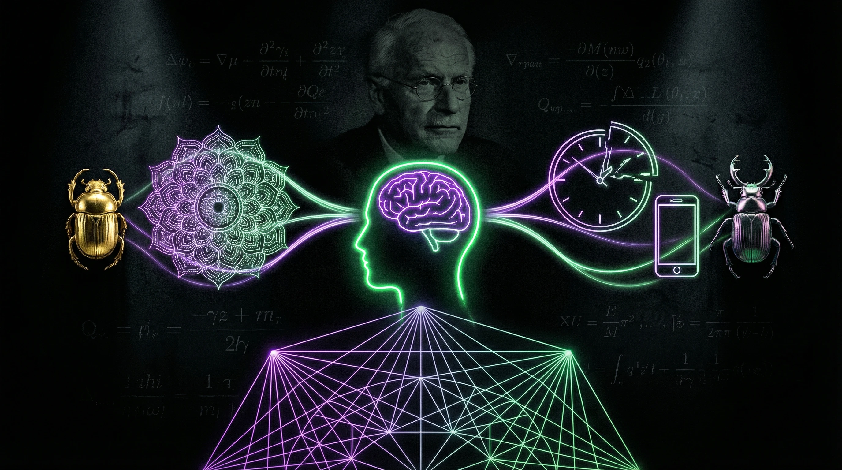 Visualization of Jung's synchronicity concept with archetypal symbols and acausal connections