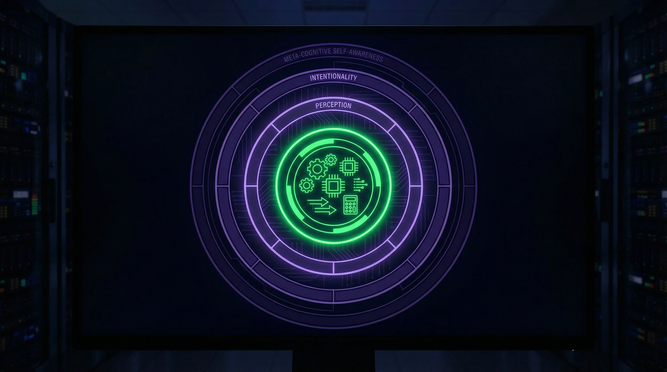 Diagram with four concentric circles showing levels of consciousness from basic perception to metacognitive self-awareness