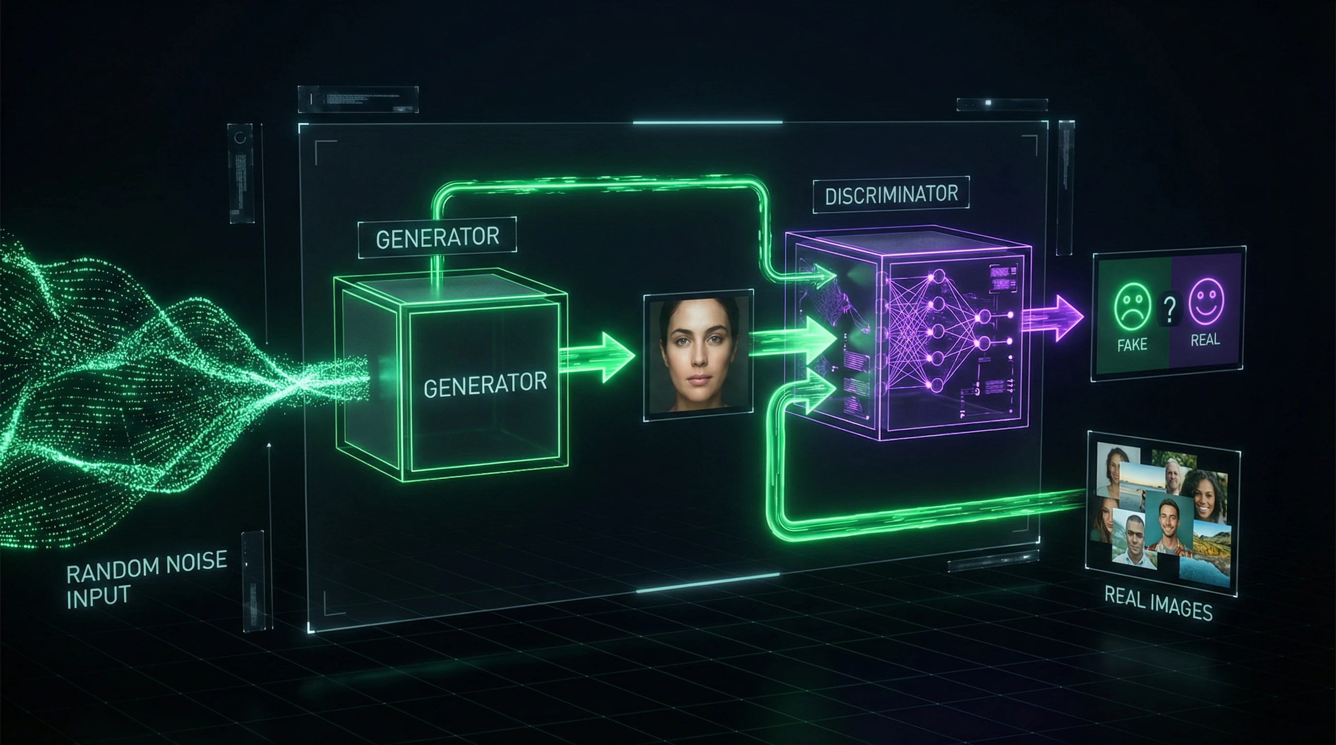 Diagram of generative adversarial network operation with generator and discriminator