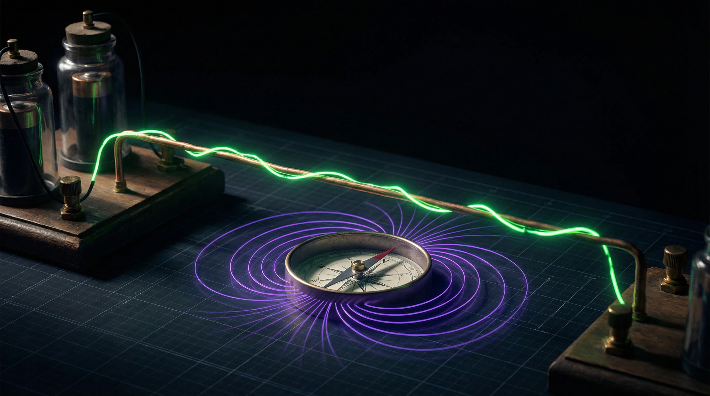 Diagram of Ørsted's experiment with conductor and magnetic needle