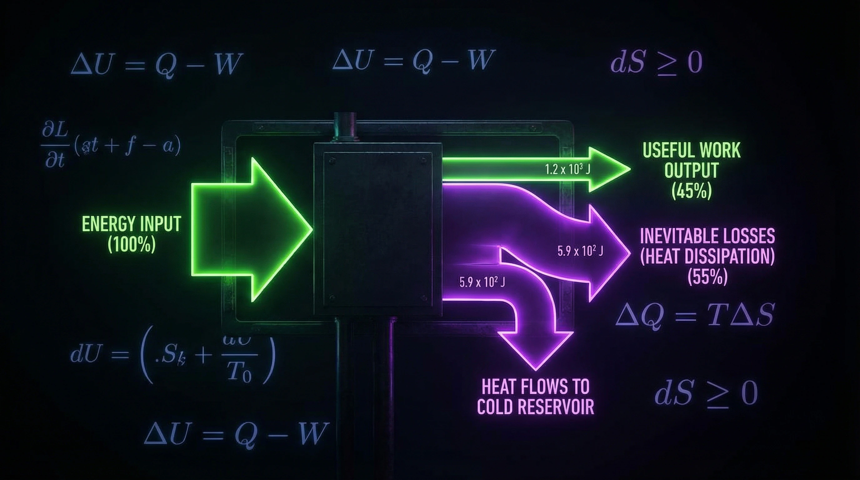 Diagram of the first and second laws of thermodynamics with examples of energy losses